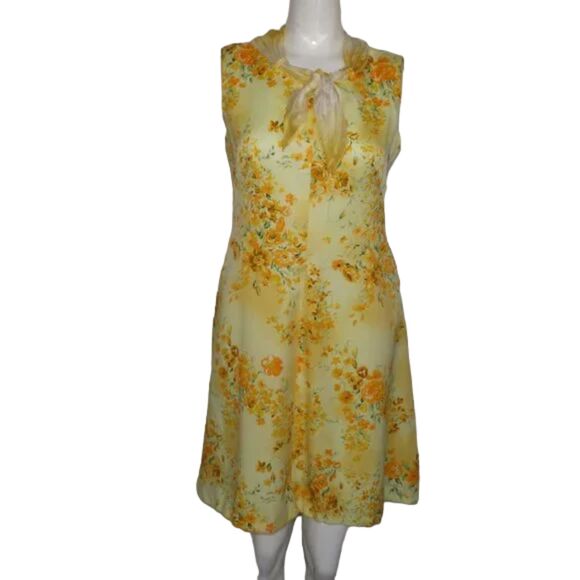 VINTAGE Dress, 4, Yellow Floral, Scarf tie neck, Sleeveless, Handmade - Picture 11 of 13